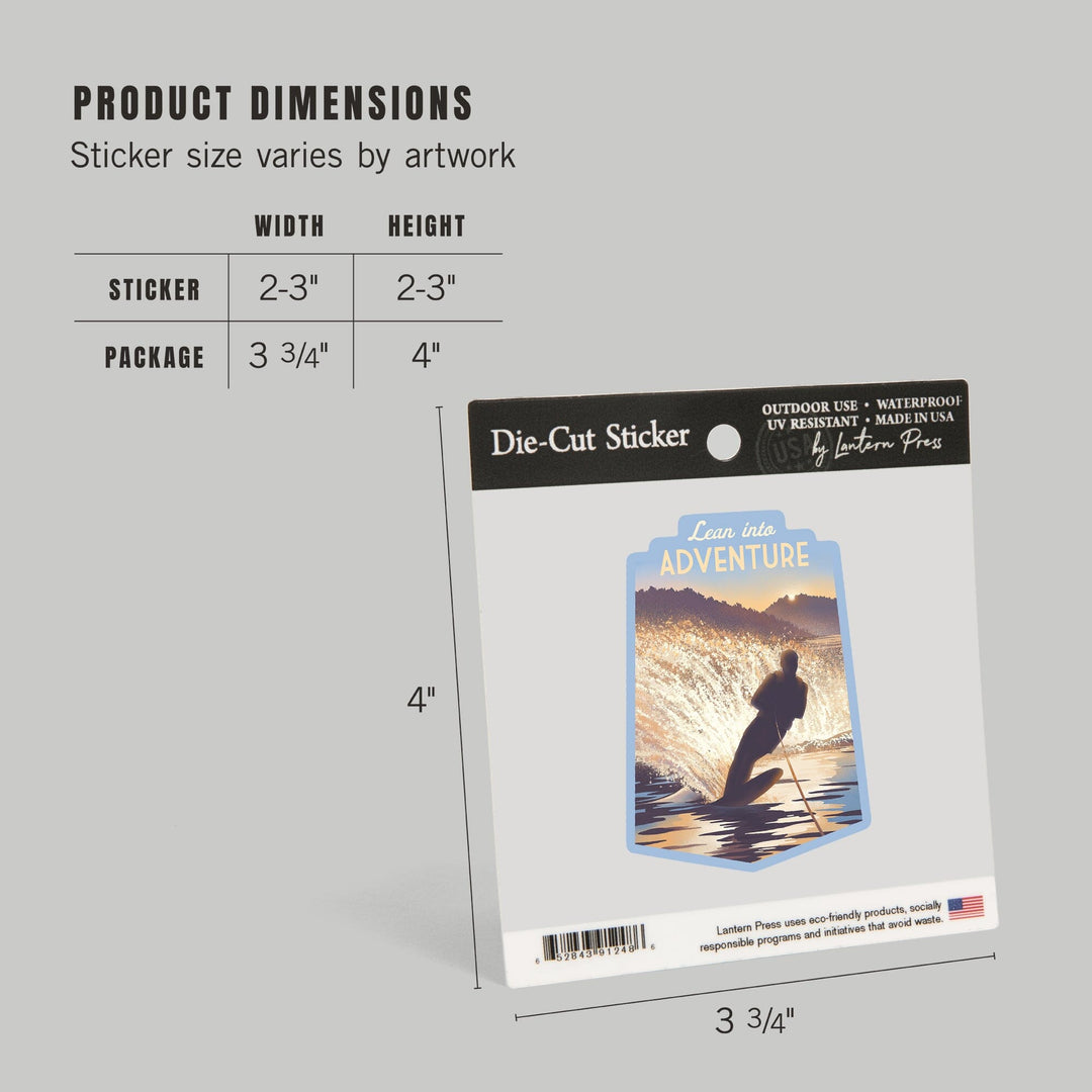 Lithograph, Lean Into Adventure, Water Skiing, Contour, Vinyl Sticker Sticker Lantern Press 
