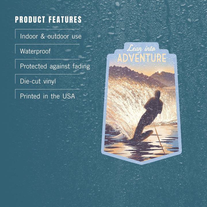 Lithograph, Lean Into Adventure, Water Skiing, Contour, Vinyl Sticker Sticker Lantern Press 