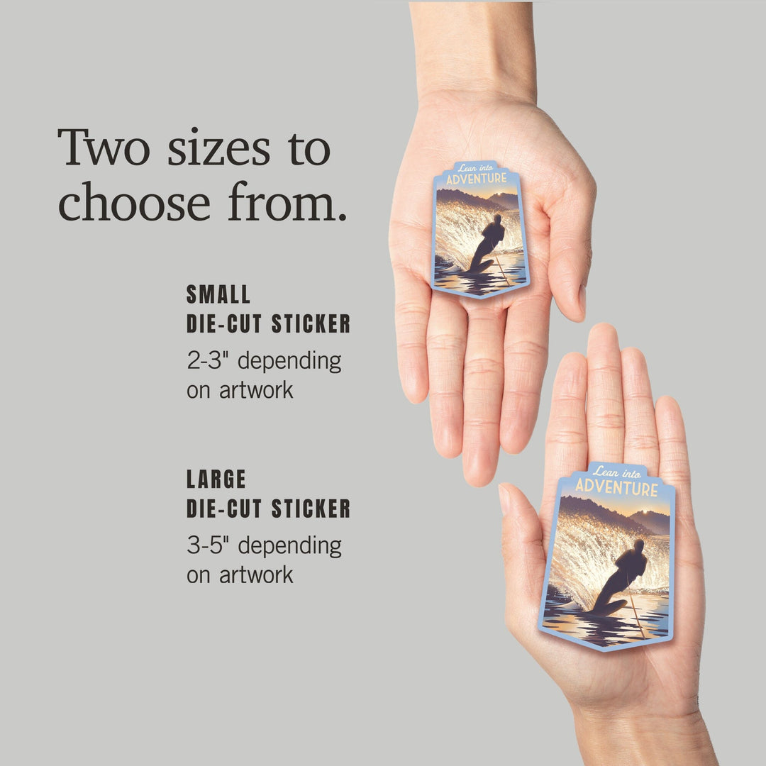 Lithograph, Lean Into Adventure, Water Skiing, Contour, Vinyl Sticker Sticker Lantern Press 