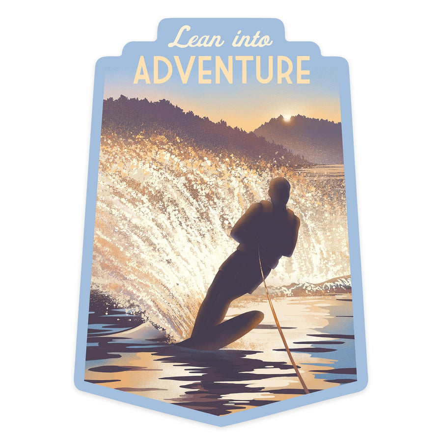 Lithograph, Lean Into Adventure, Water Skiing, Contour, Vinyl Sticker Sticker Lantern Press 