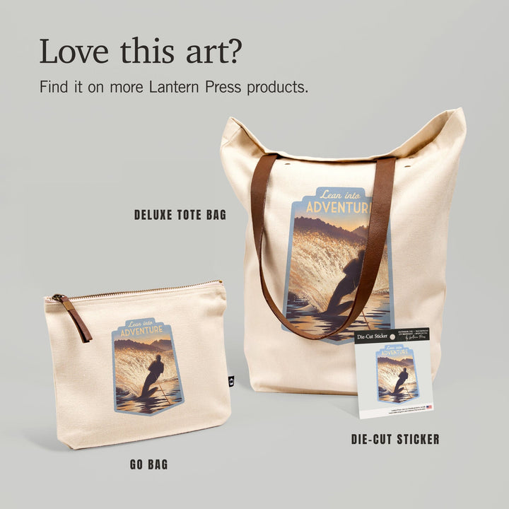 Lithograph, Lean Into Adventure, Water Skiing, Contour, Vinyl Sticker Sticker Lantern Press 