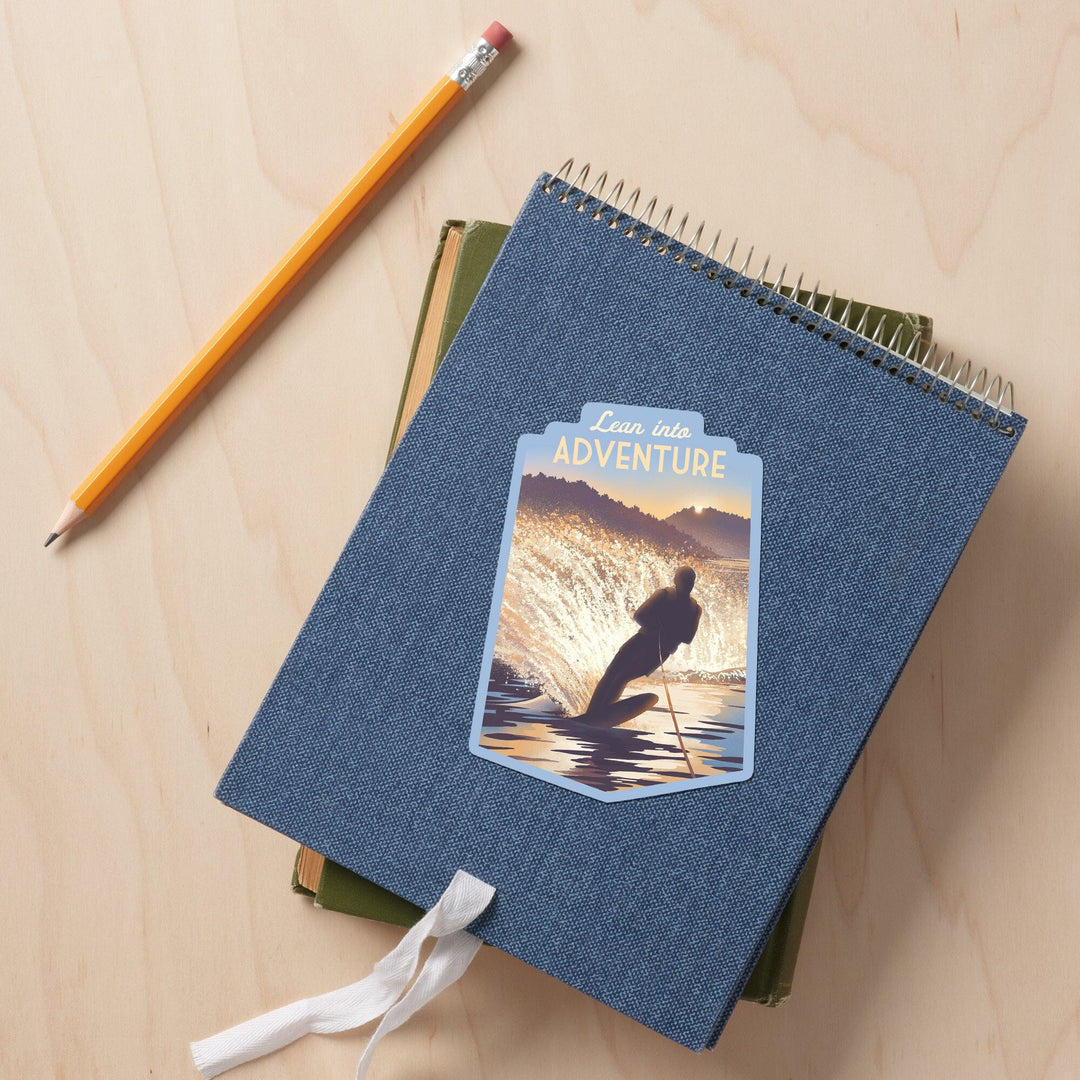 Lithograph, Lean Into Adventure, Water Skiing, Contour, Vinyl Sticker Sticker Lantern Press 