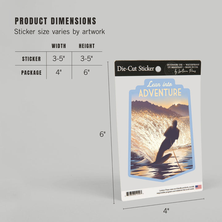 Lithograph, Lean Into Adventure, Water Skiing, Contour, Vinyl Sticker Sticker Lantern Press 