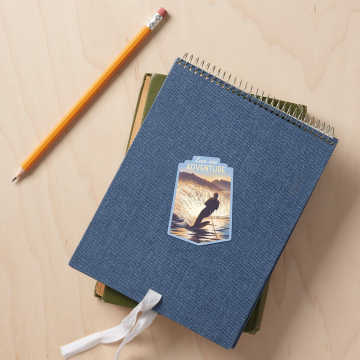 Lithograph, Lean Into Adventure, Water Skiing, Contour, Vinyl Sticker Sticker Lantern Press 