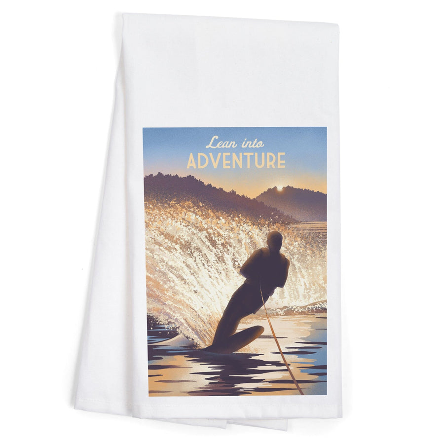 Lithograph, Lean Into Adventure, Water Skiing, Organic Cotton Kitchen Tea Towels Kitchen Lantern Press 