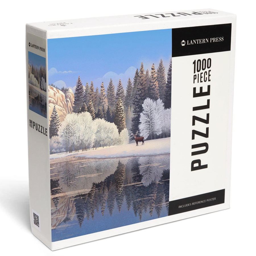 Lithograph, Lone Deer By Snowy Lake, Jigsaw Puzzle Puzzle Lantern Press 