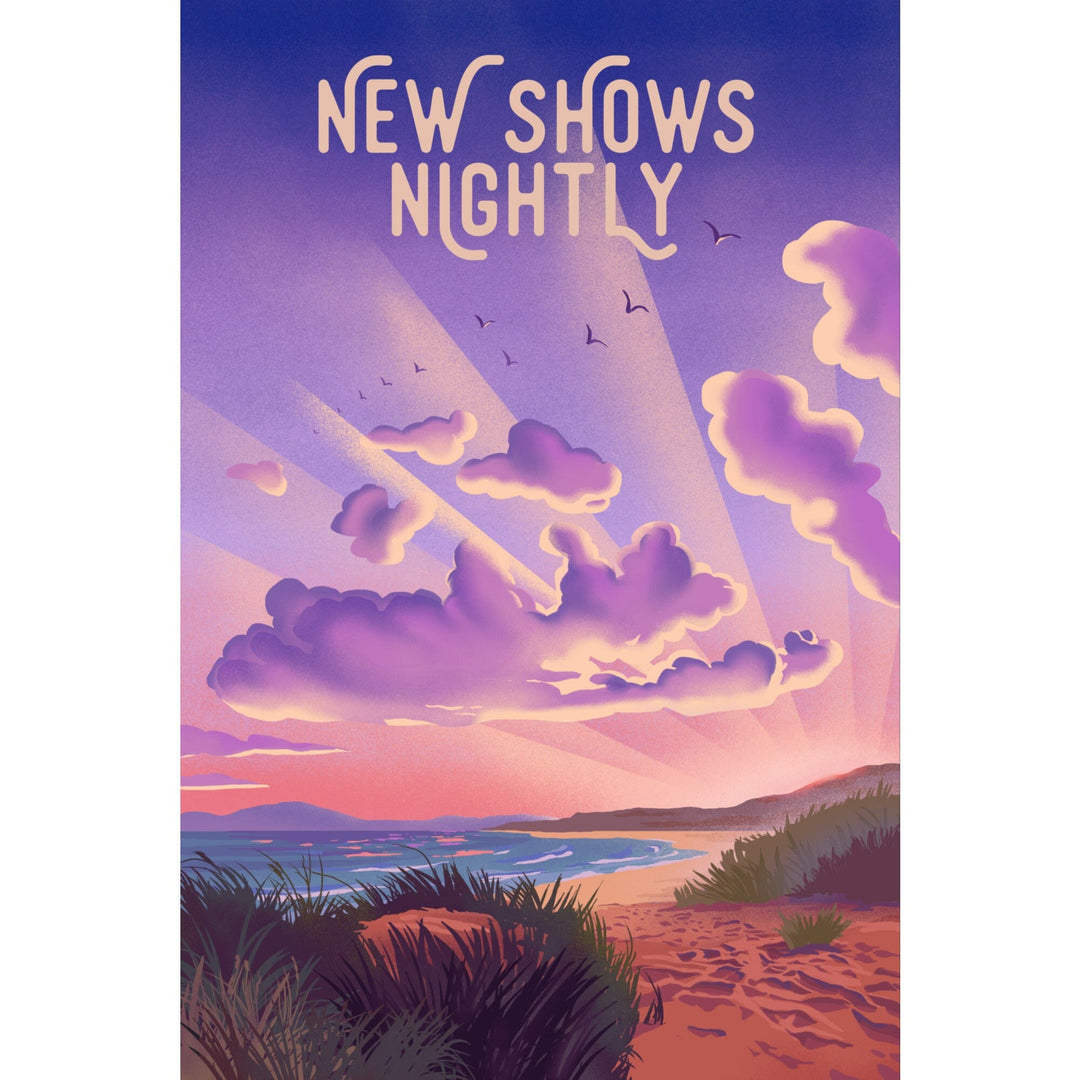 Lithograph, New Shows Nightly, Beach Sunset, Stretched Canvas Canvas Lantern Press 