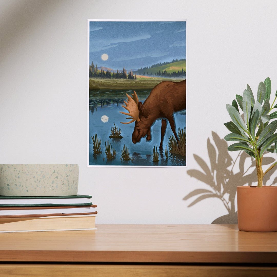Lithograph, Reflection Pond and Bull Moose,, Art & Giclee Prints Art Lantern Press 