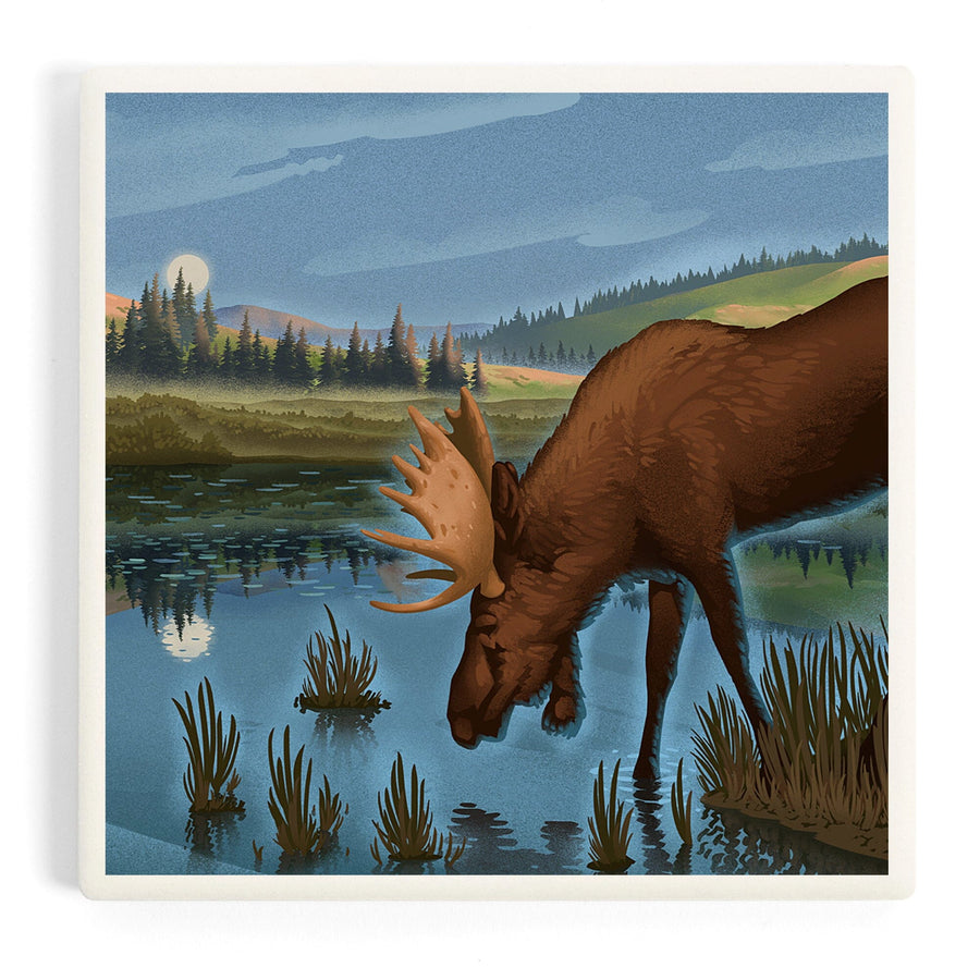 Lithograph, Reflection Pond and Bull Moose,, Coasters Coasters Lantern Press 