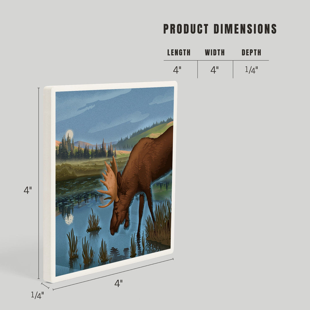 Lithograph, Reflection Pond and Bull Moose,, Coasters Coasters Lantern Press 