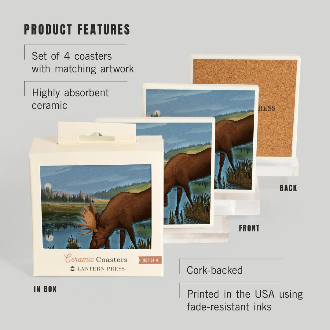 Lithograph, Reflection Pond and Bull Moose,, Coasters Coasters Lantern Press 
