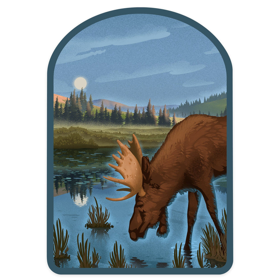 Lithograph, Reflection Pond and Bull Moose, Contour, Vinyl Sticker Sticker Lantern Press 