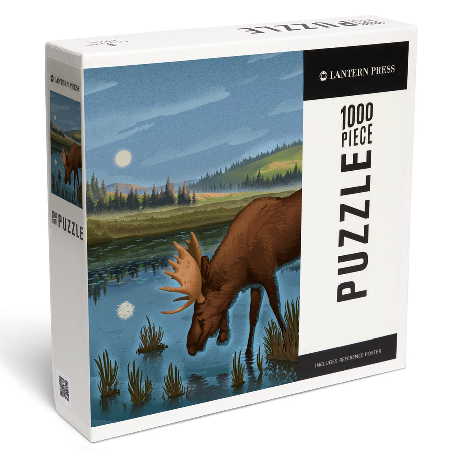 Lithograph, Reflection Pond and Bull Moose,, Jigsaw Puzzle Puzzle Lantern Press 