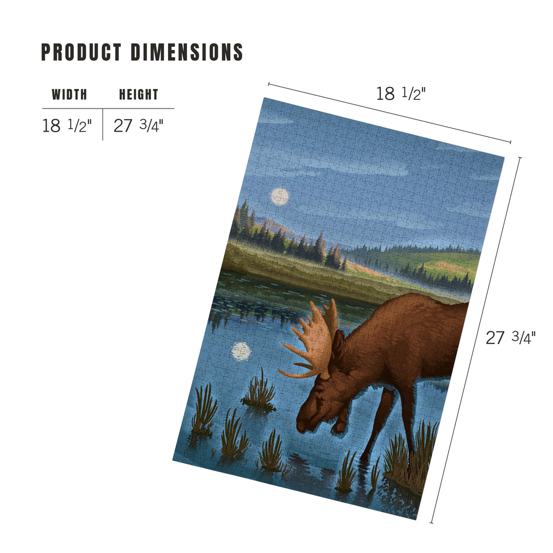 Lithograph, Reflection Pond and Bull Moose,, Jigsaw Puzzle Puzzle Lantern Press 