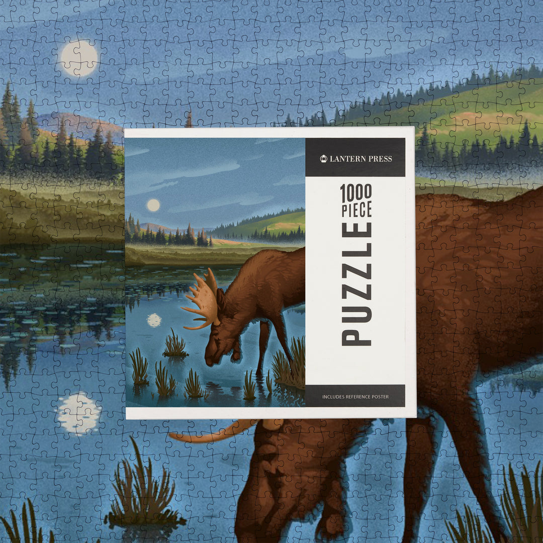 Lithograph, Reflection Pond and Bull Moose,, Jigsaw Puzzle Puzzle Lantern Press 