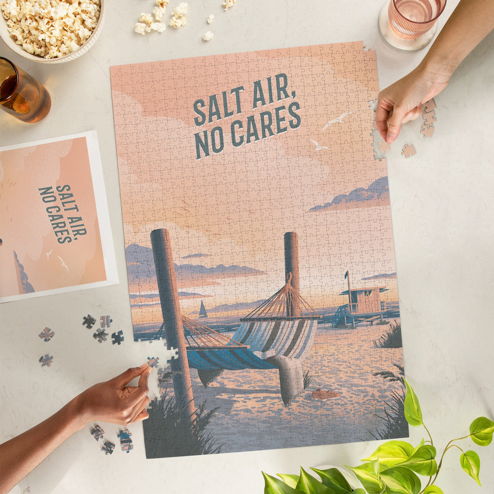 Lithograph, Salt Air, No Cares, Hammock on Beach, Jigsaw Puzzle Puzzle Lantern Press 