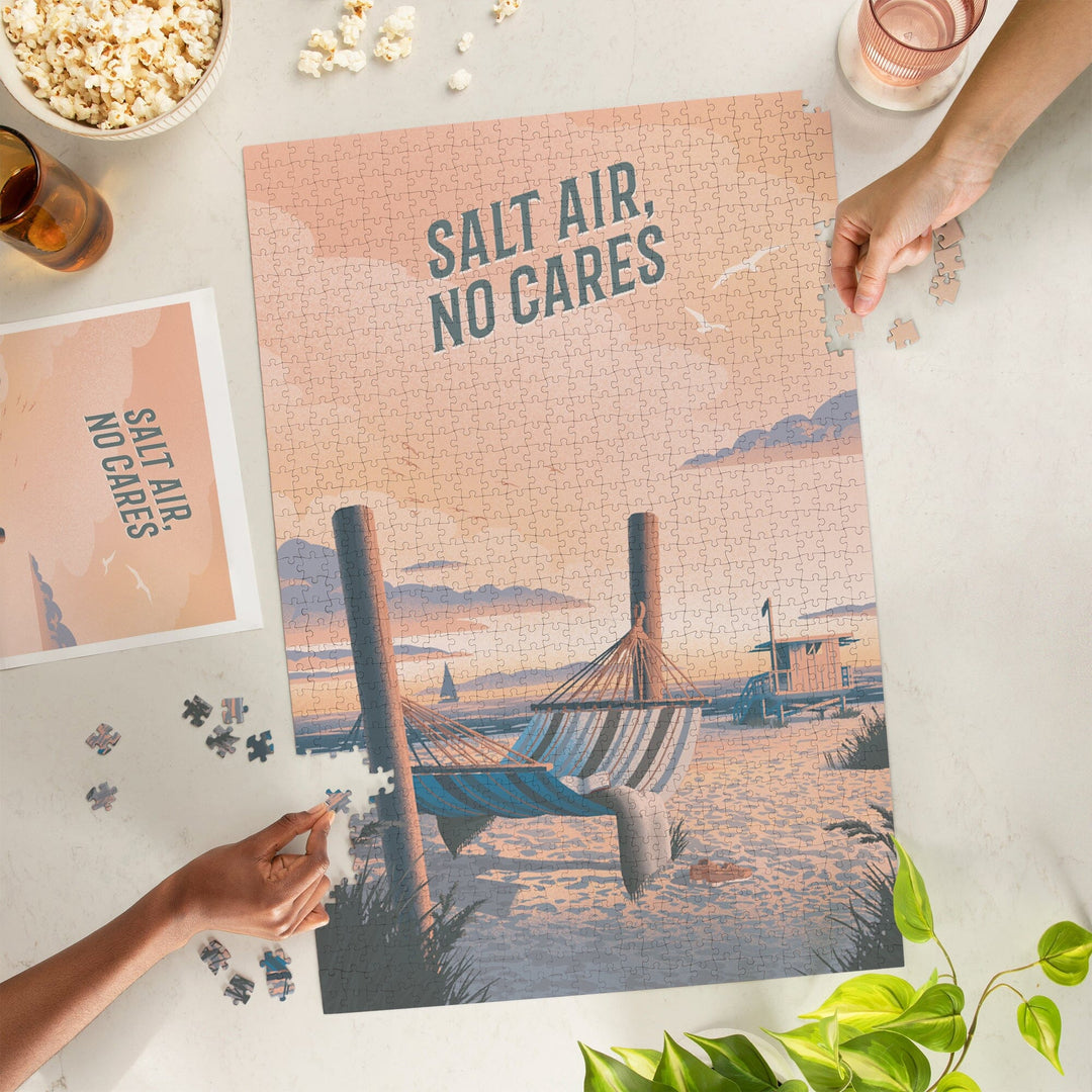 Lithograph, Salt Air, No Cares, Hammock on Beach, Jigsaw Puzzle Puzzle Lantern Press 