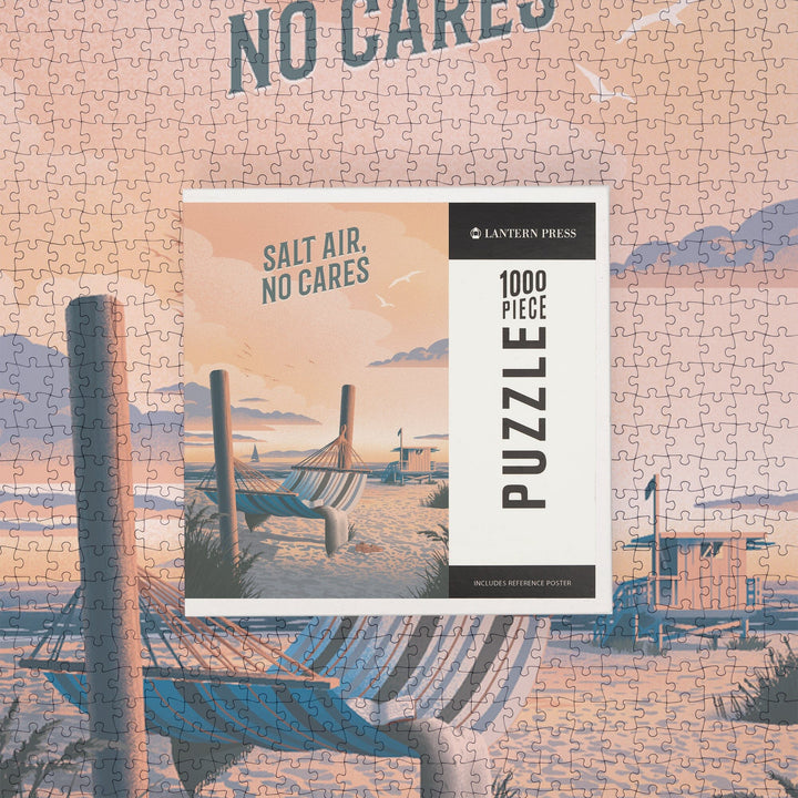 Lithograph, Salt Air, No Cares, Hammock on Beach, Jigsaw Puzzle Puzzle Lantern Press 