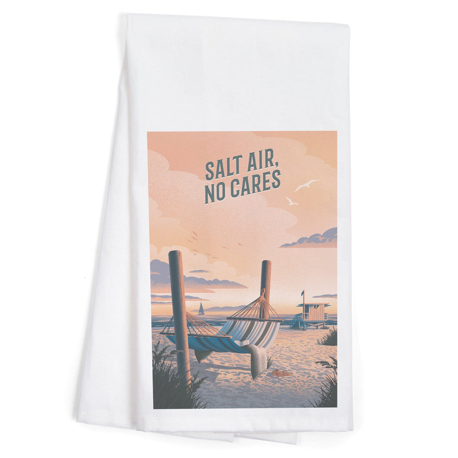 Lithograph, Salt Air, No Cares, Hammock on Beach, Organic Cotton Kitchen Tea Towels Kitchen Lantern Press 