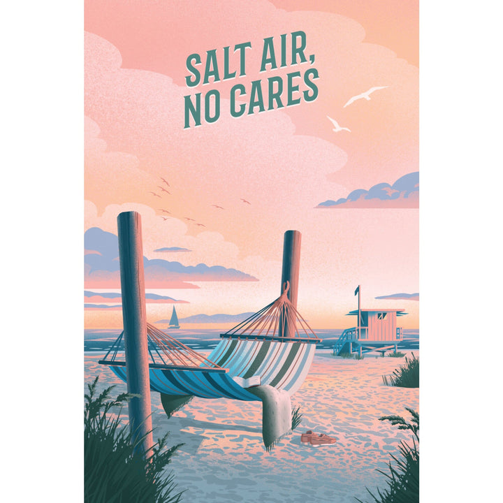 Lithograph, Salt Air, No Cares, Hammock on Beach, Stretched Canvas Canvas Lantern Press 