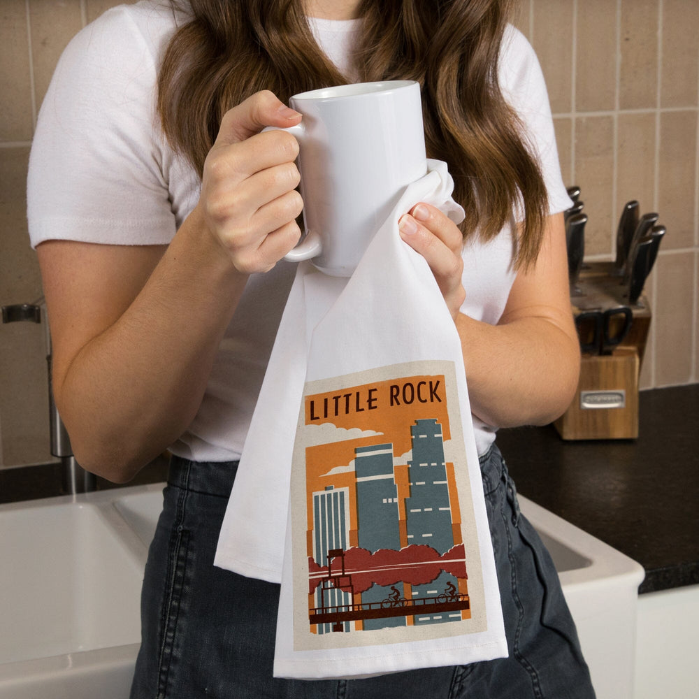 Little Rock, Arkansas, Woodblock, Organic Cotton Kitchen Tea Towels Kitchen Lantern Press 