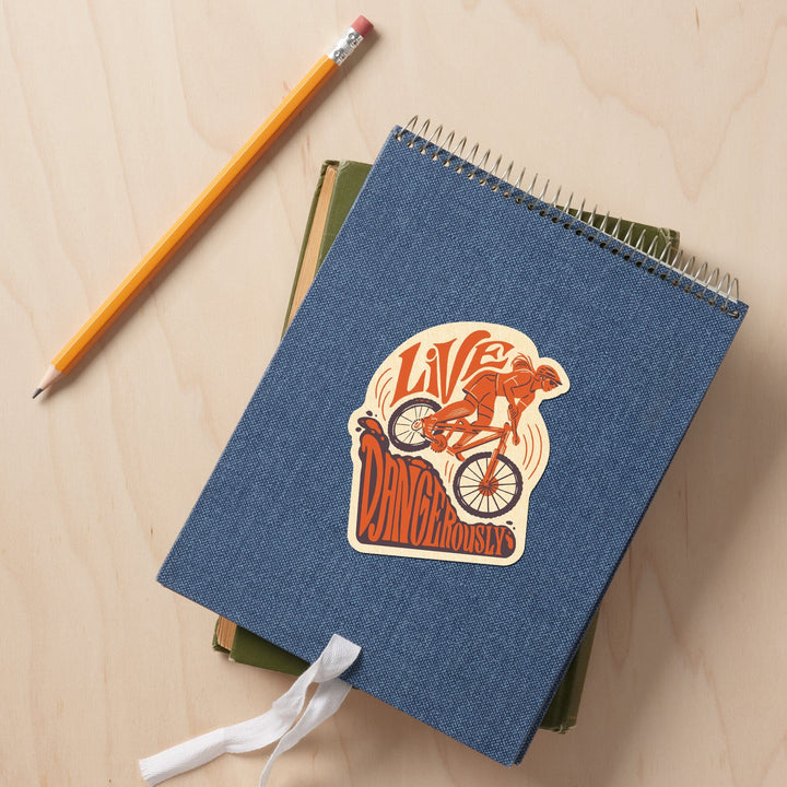 Live Dangerously, Biking Girl, Mountain Biking, Contour, Vinyl Sticker Sticker Lantern Press 