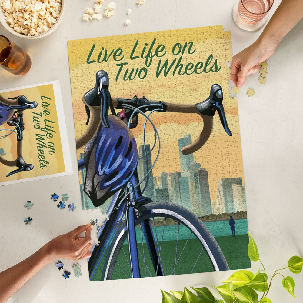 Live Life on Two Wheels, Bicycle and City, Lithograph, Jigsaw Puzzle Puzzle Lantern Press 