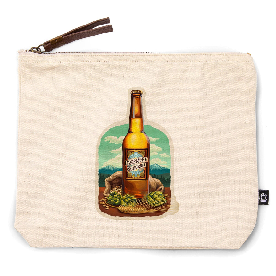 Livermore, California, Beer Bottle and Ingredients,, Organic Cotton Zipper Pouch, Go Bag Totes Lantern Press 