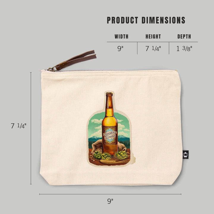 Livermore, California, Beer Bottle and Ingredients,, Organic Cotton Zipper Pouch, Go Bag Totes Lantern Press 