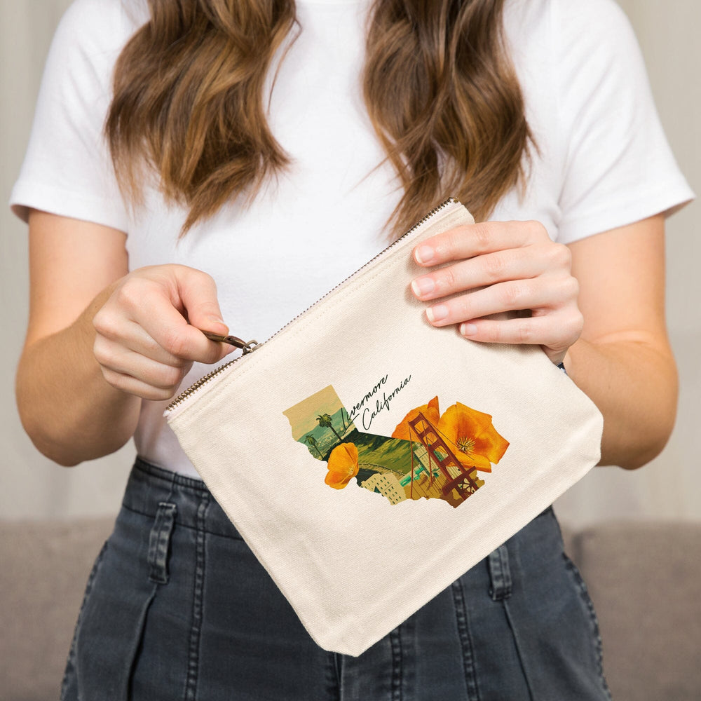 Livermore, California, Golden State Outline and Vintage Poppies,, Organic Cotton Zipper Pouch, Go Bag Totes Lantern Press 