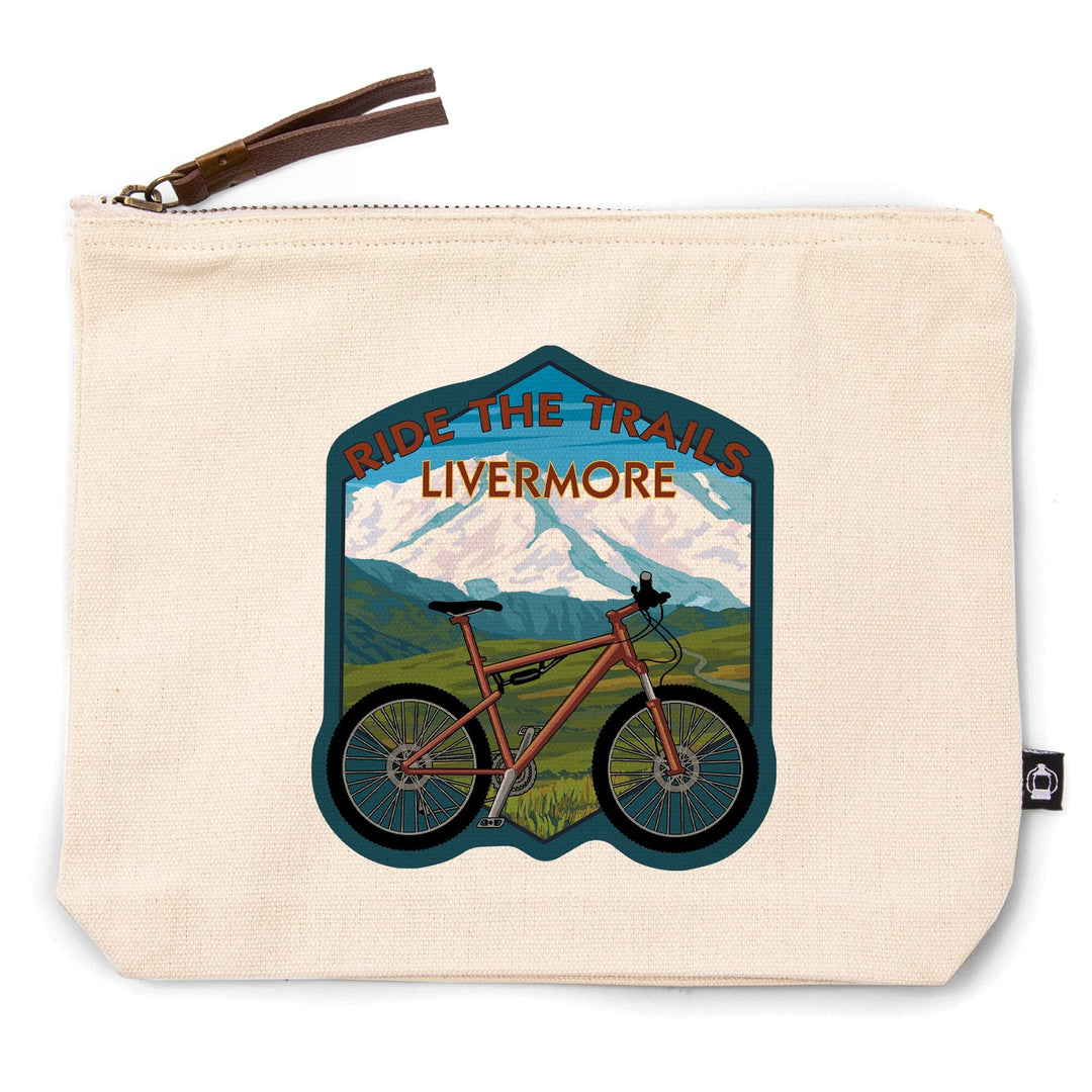 Livermore, California, Mountain Bike (Mountain), Ride the Trails,, Organic Cotton Zipper Pouch, Go Bag Totes Lantern Press 