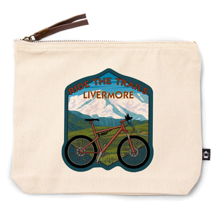 Livermore, California, Mountain Bike (Mountain), Ride the Trails,, Organic Cotton Zipper Pouch, Go Bag Totes Lantern Press 