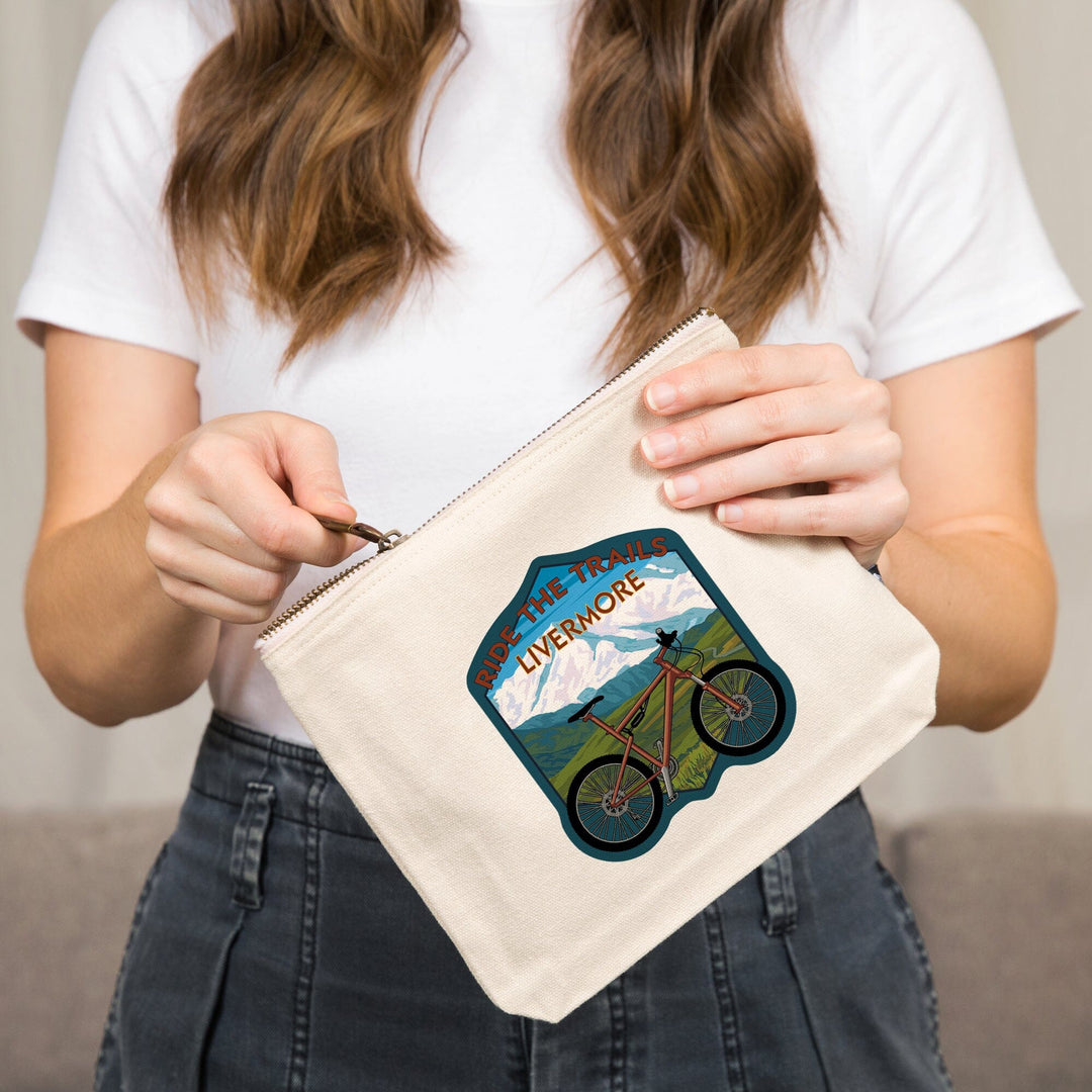 Livermore, California, Mountain Bike (Mountain), Ride the Trails,, Organic Cotton Zipper Pouch, Go Bag Totes Lantern Press 