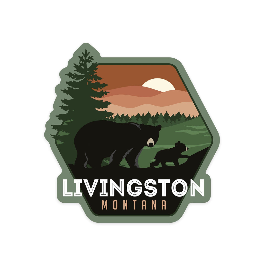 Livingston, Montana, Vector Bear Family, Contour, Vinyl Sticker - Lantern Press