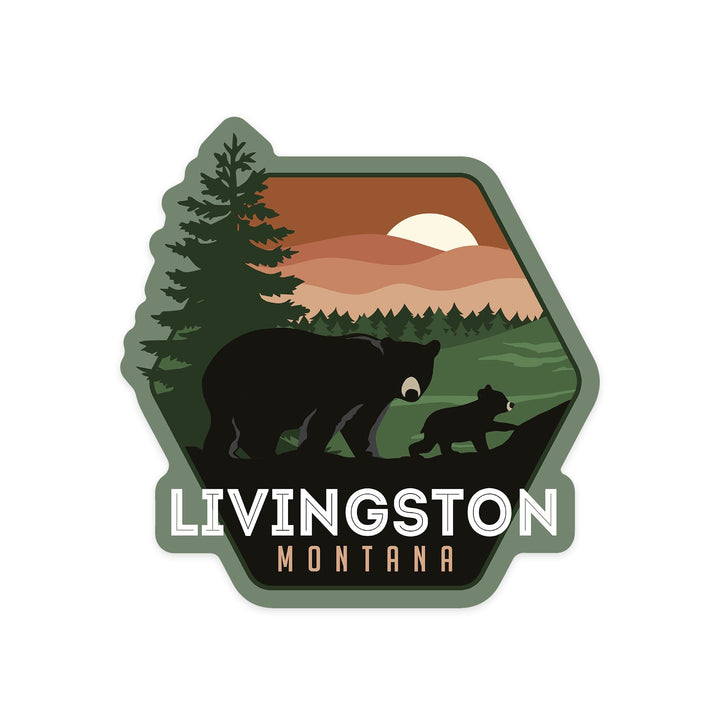 Livingston, Montana, Vector Bear Family, Contour, Vinyl Sticker - Lantern Press