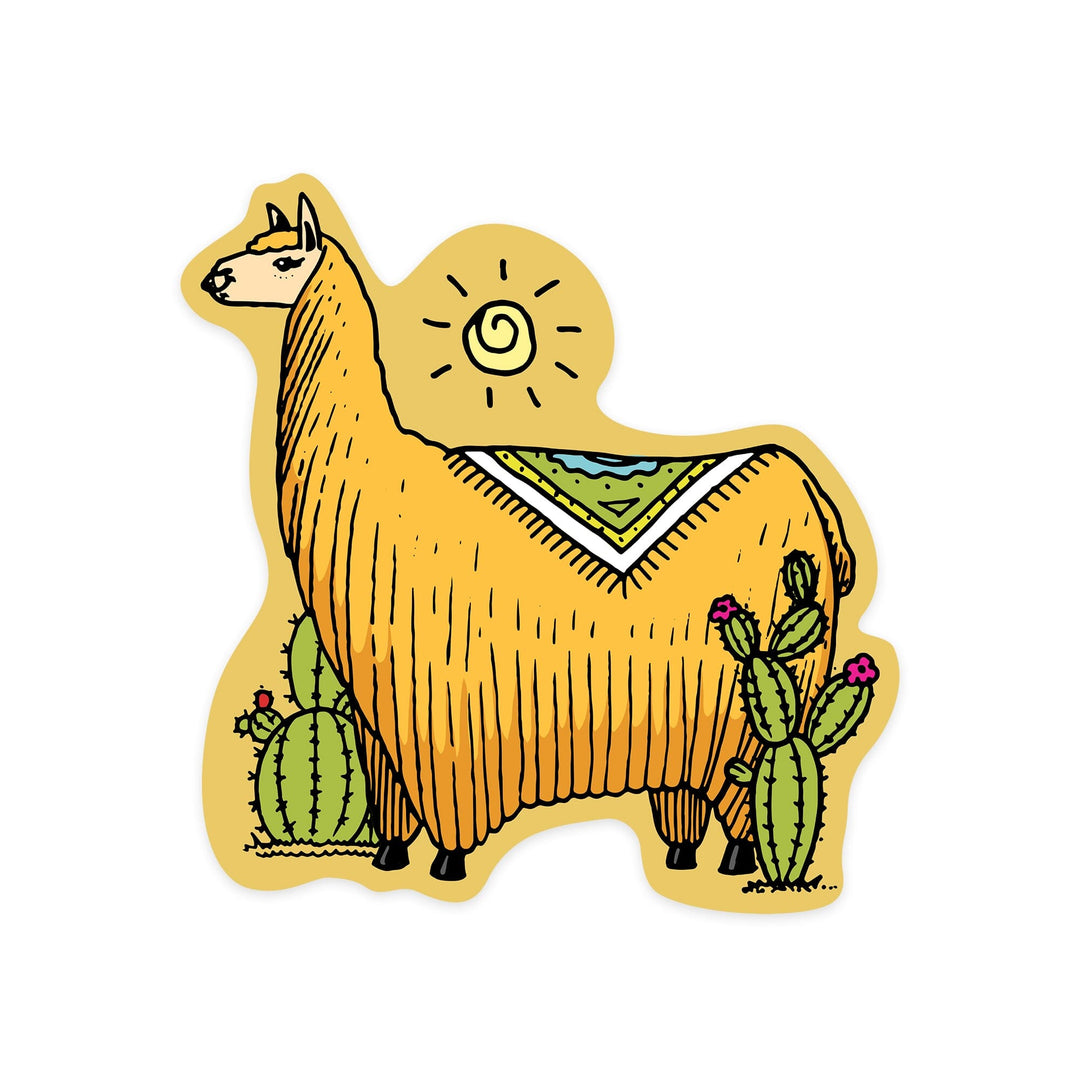 Llama and Cacti, Vector Doodle, Contour, Artwork, Vinyl Sticker Sticker Lantern Press 