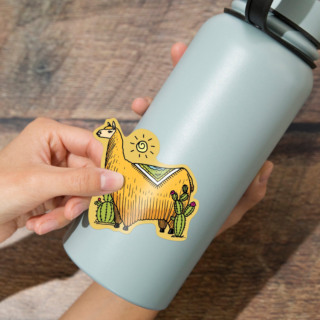 Llama and Cacti, Vector Doodle, Contour, Artwork, Vinyl Sticker Sticker Lantern Press 