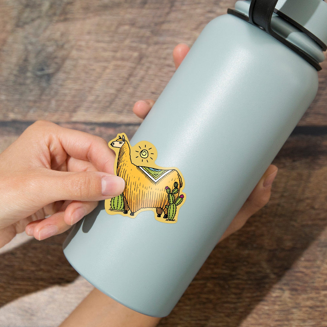 Llama and Cacti, Vector Doodle, Contour, Artwork, Vinyl Sticker Sticker Lantern Press 