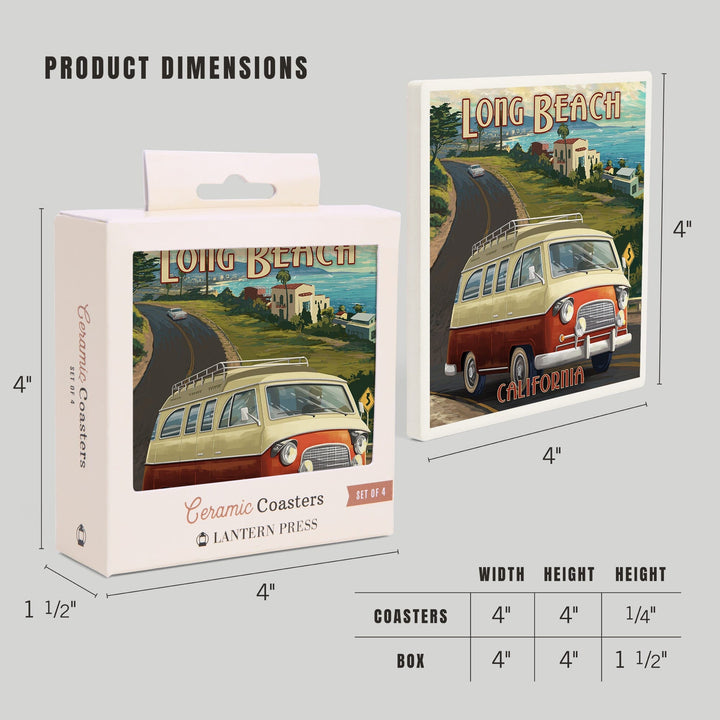 Long Beach, California, Camper Van, Lantern Press Artwork, Coaster Set - Lantern Press