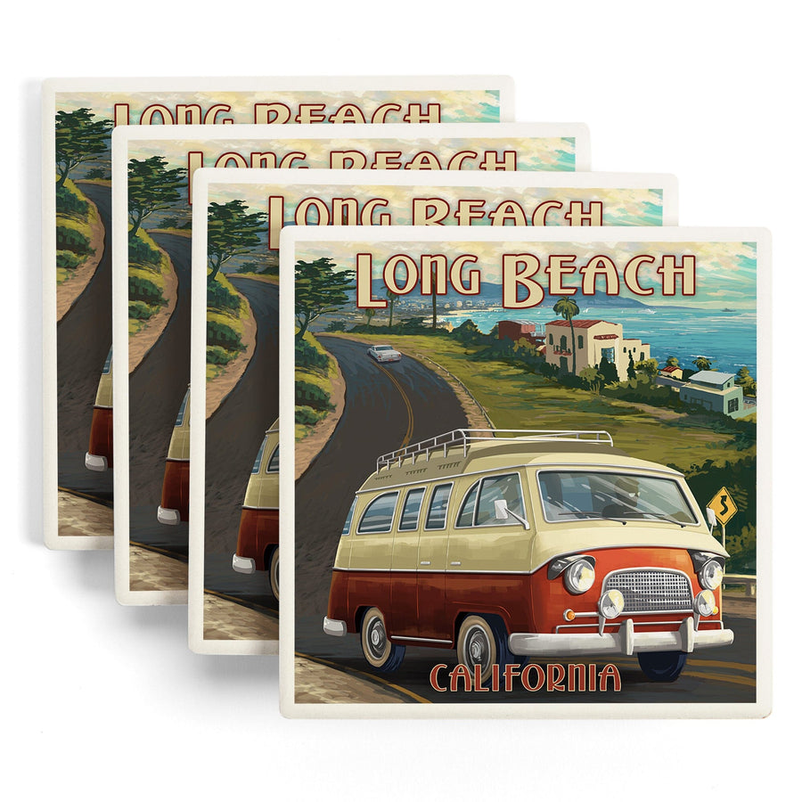 Long Beach, California, Camper Van, Lantern Press Artwork, Coaster Set - Lantern Press