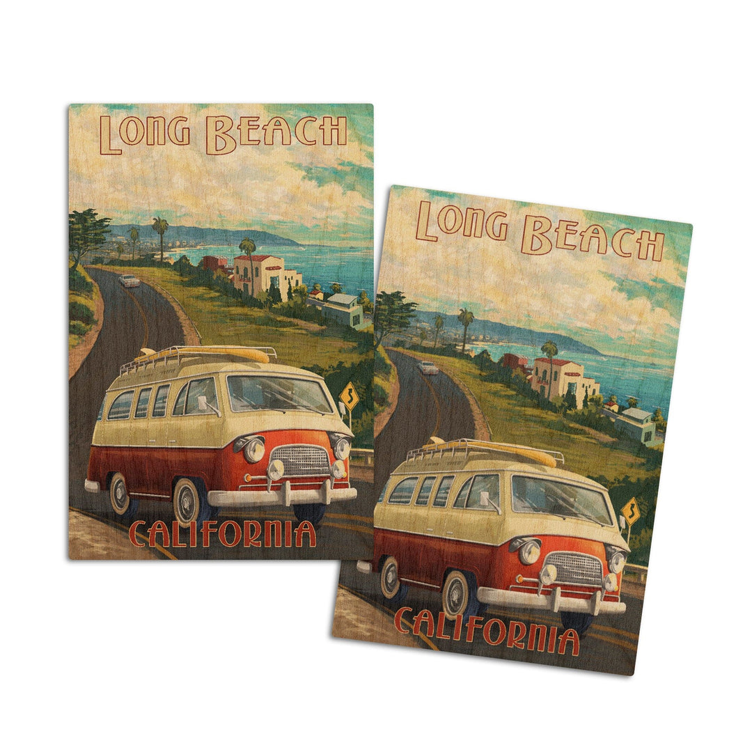 Long Beach, California, Camper Van, Lantern Press Artwork, Wood Signs and Postcards Wood Lantern Press 4x6 Wood Postcard Set 