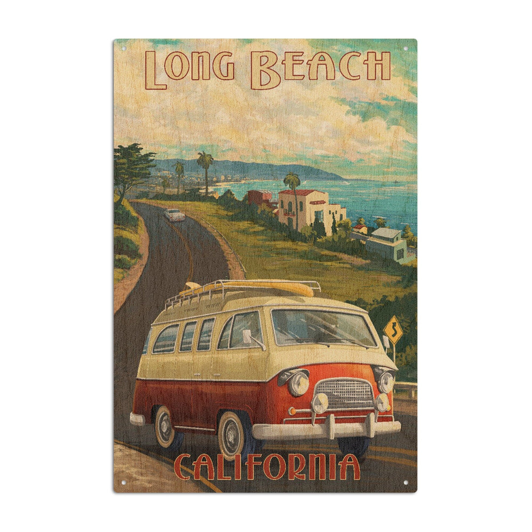 Long Beach, California, Camper Van, Lantern Press Artwork, Wood Signs and Postcards Wood Lantern Press 6x9 Wood Sign 