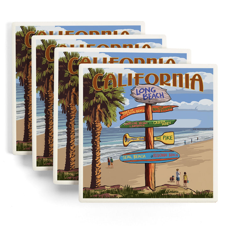 Long Beach, California, Destinations Sign, Lantern Press Artwork, Coaster Set - Lantern Press