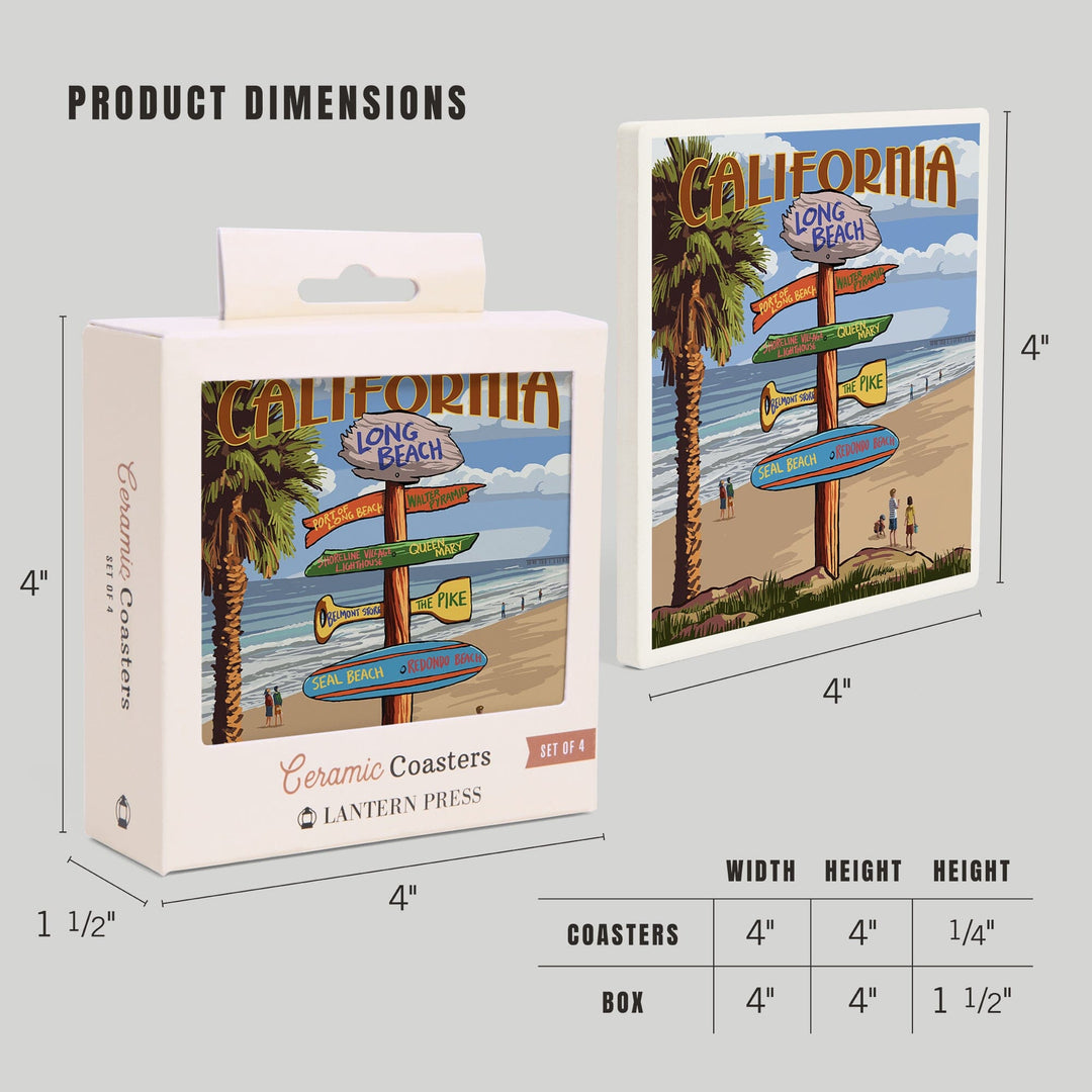 Long Beach, California, Destinations Sign, Lantern Press Artwork, Coaster Set - Lantern Press