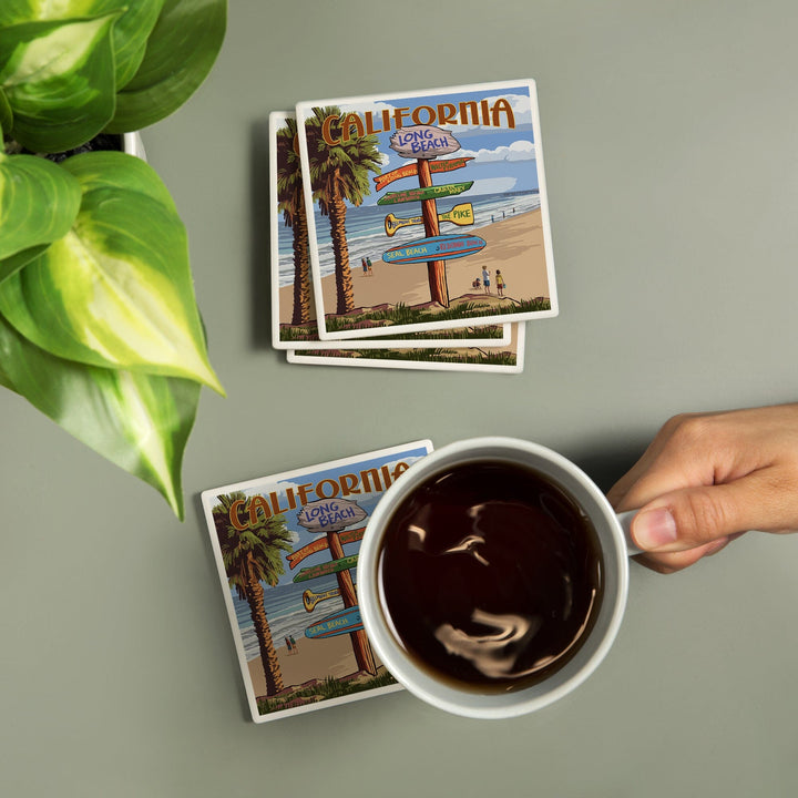 Long Beach, California, Destinations Sign, Lantern Press Artwork, Coaster Set - Lantern Press