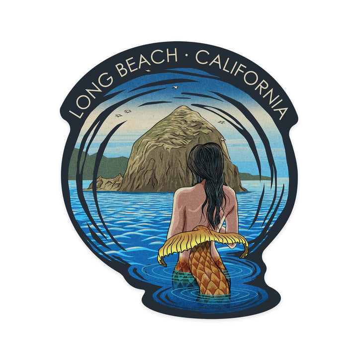 Long Beach, California, Mermaid, Woodblock, Contour, Vinyl Sticker Sticker Lantern Press 