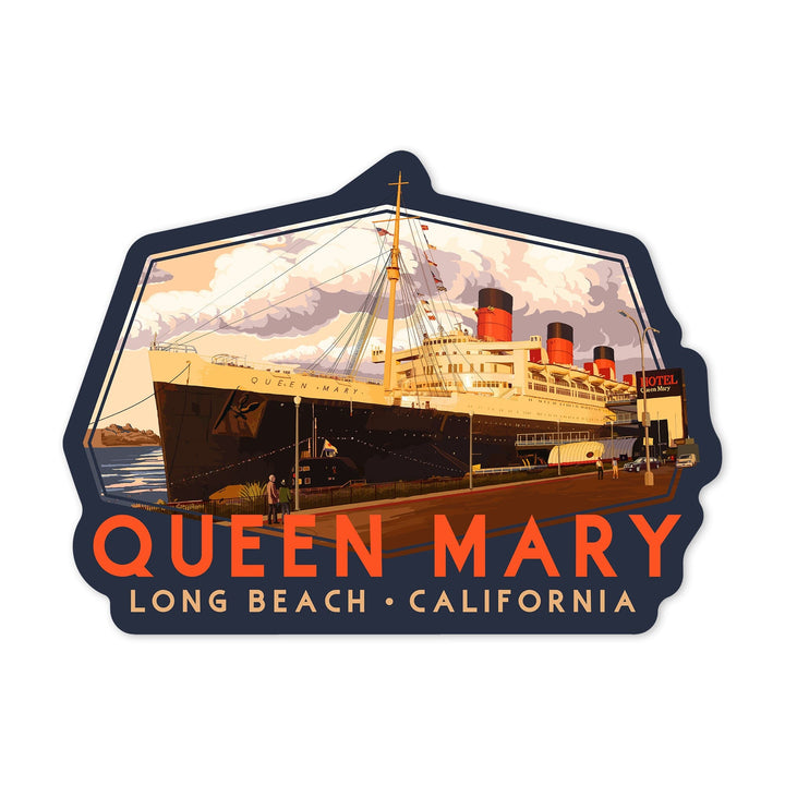 Long Beach, California, Queen Mary, Contour, Lantern Press Artwork, Vinyl Sticker - Lantern Press