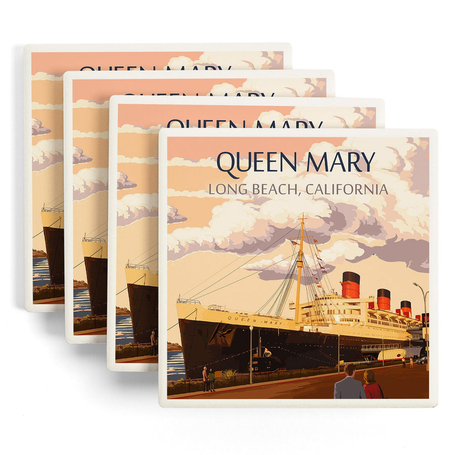 Long Beach, California, Queen Mary, Lantern Press Artwork, Coaster Set - Lantern Press