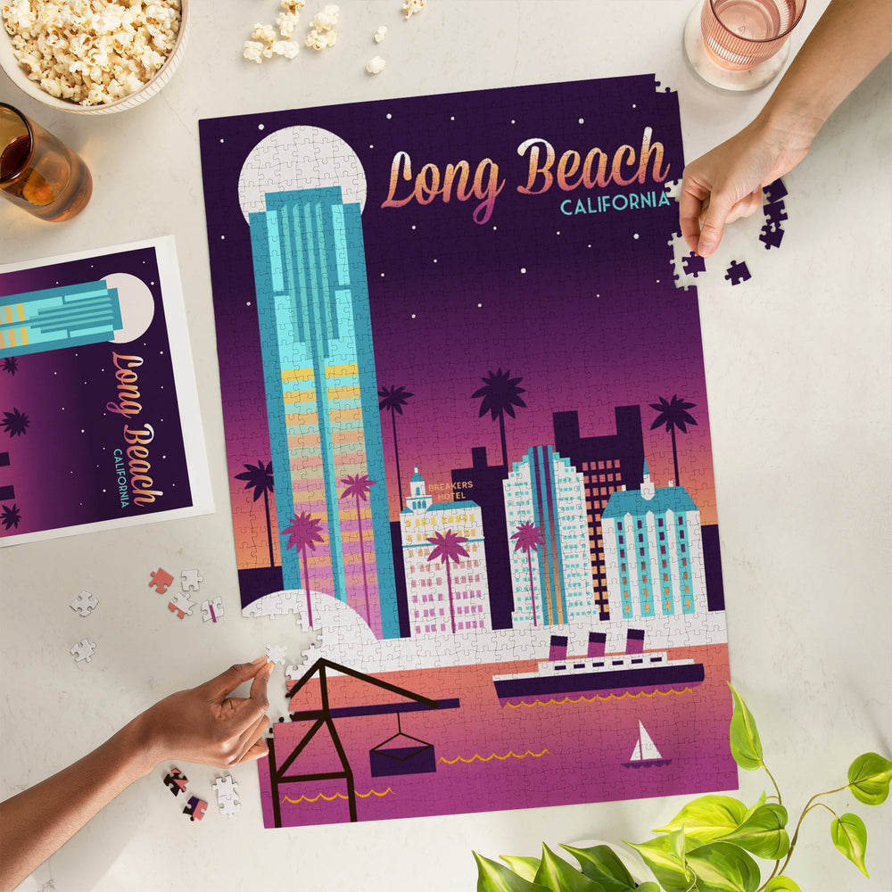 Long Beach, California, Retro Skyline Chromatic Series, Jigsaw Puzzle Puzzle Lantern Press 