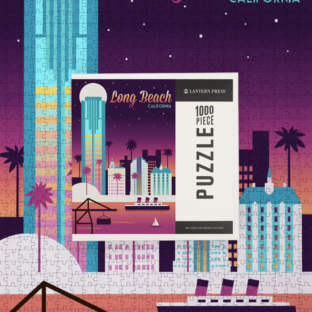 Long Beach, California, Retro Skyline Chromatic Series, Jigsaw Puzzle Puzzle Lantern Press 